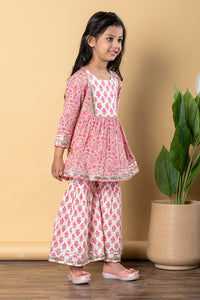 Girls Pink Frock Style Cotton Kurti with Sharara