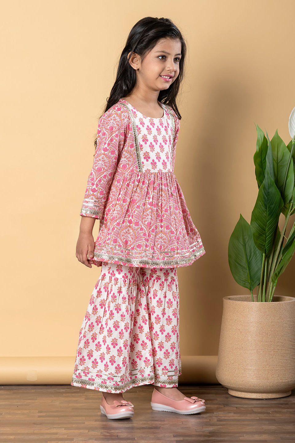 Girls Pink Frock Style Cotton Kurti with Sharara