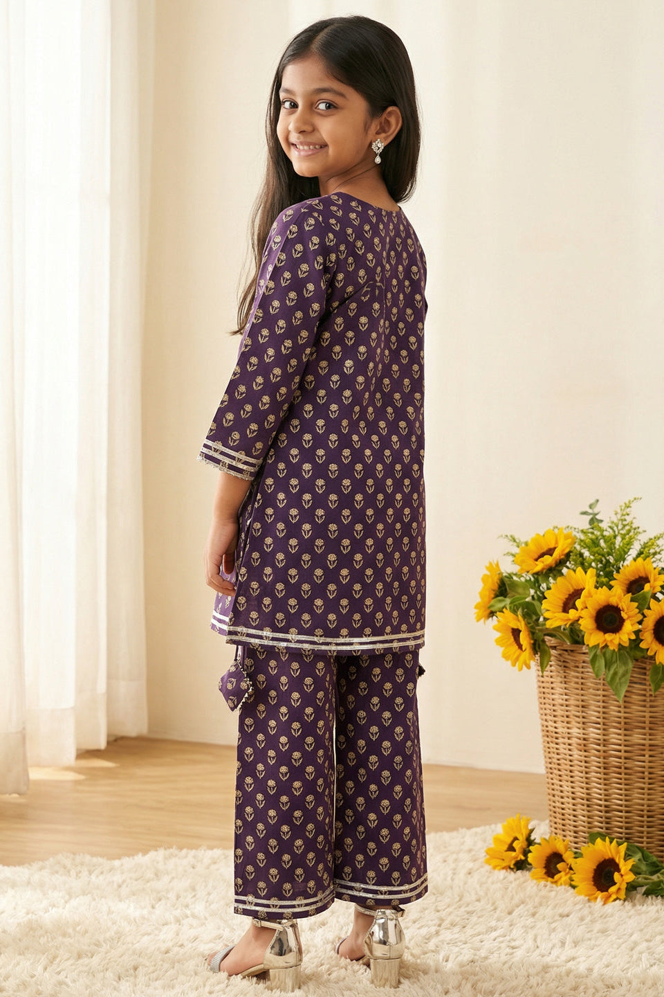 Girls Purple A-Line Style Cotton Kurti with Palazzo