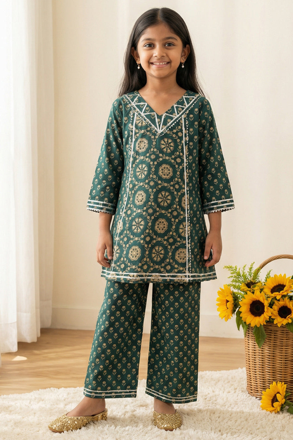 Girls Green A-Line Style Cotton Kurti with Palazzo
