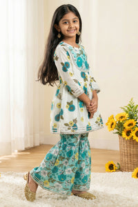 Girls Blue Peplum Style Floral Cotton Kurti with Sharara
