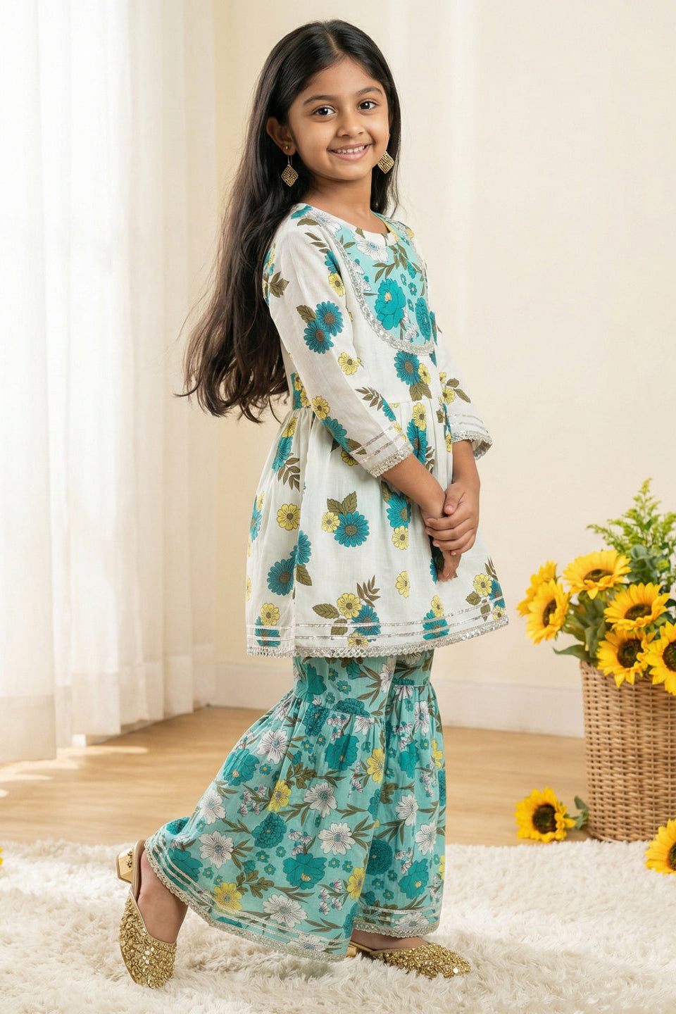 Girls Blue Peplum Style Floral Cotton Kurti with Sharara