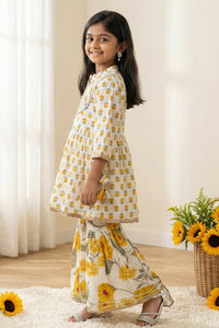 Girls Cream & Yellow Peplum Style Cotton Kurti with Sharara