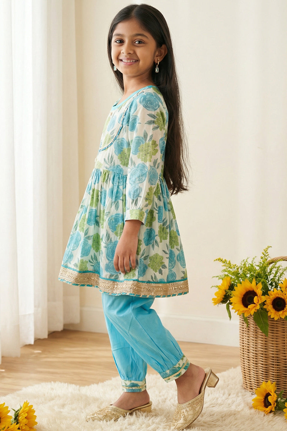 Girls Blue Rose Peplum Style Cotton Kurti with Salwar