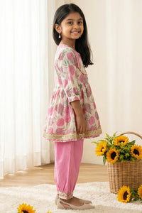 Girls Pink Rose Peplum Style Cotton Kurti with Salwar