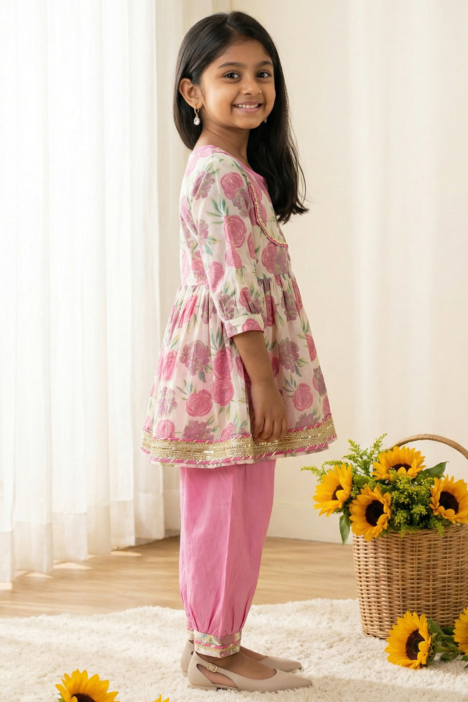 Girls Pink Rose Peplum Style Cotton Kurti with Salwar