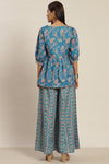 Blue Color Poly Slub Digital Printed Peplum Top With A Kali Palazzo Co-Or Set