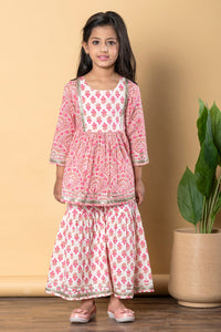 Girls Pink Frock Style Cotton Kurti with Sharara