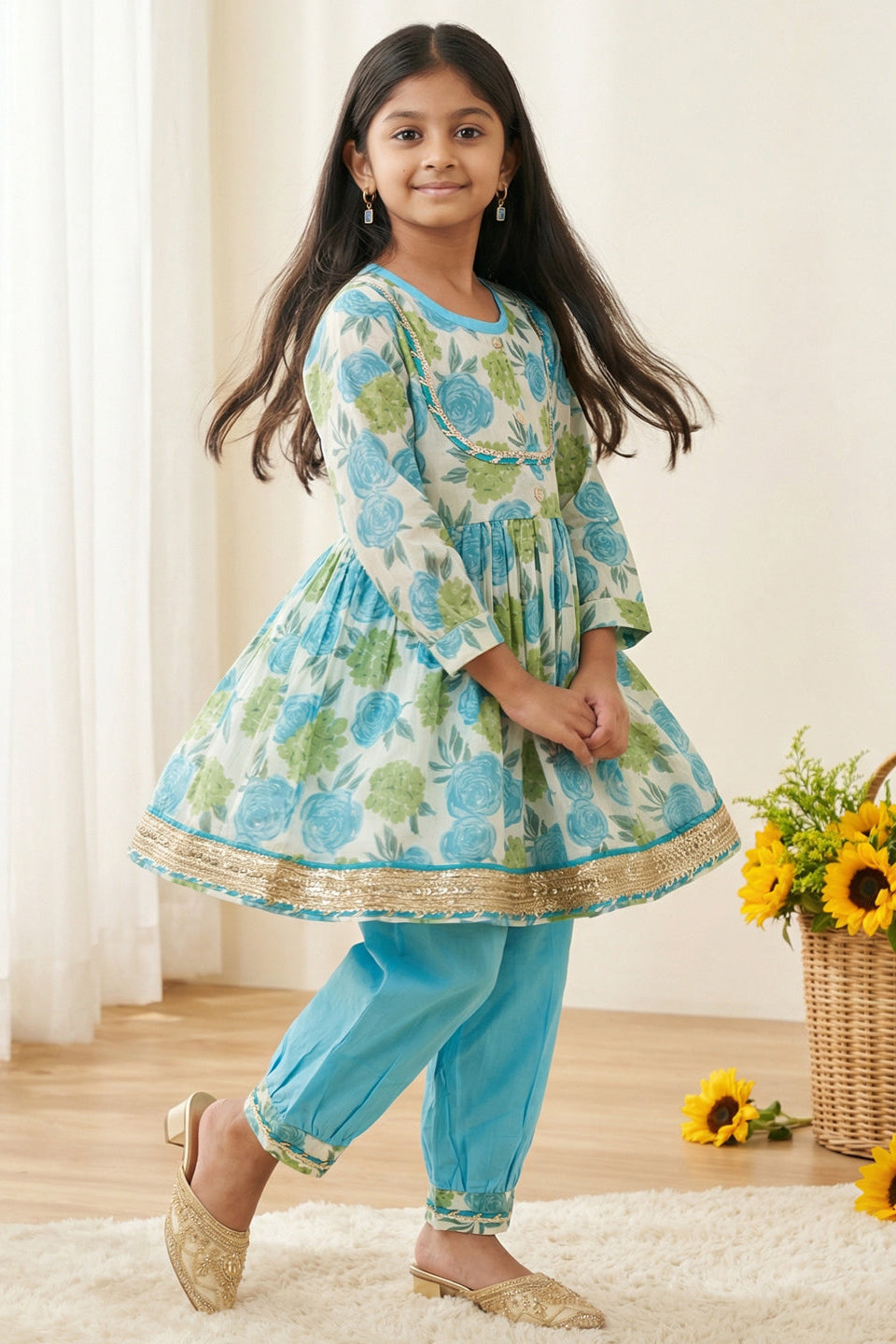 Girls Blue Rose Peplum Style Cotton Kurti with Salwar