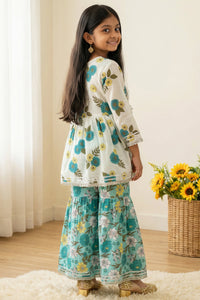 Girls Blue Peplum Style Floral Cotton Kurti with Sharara