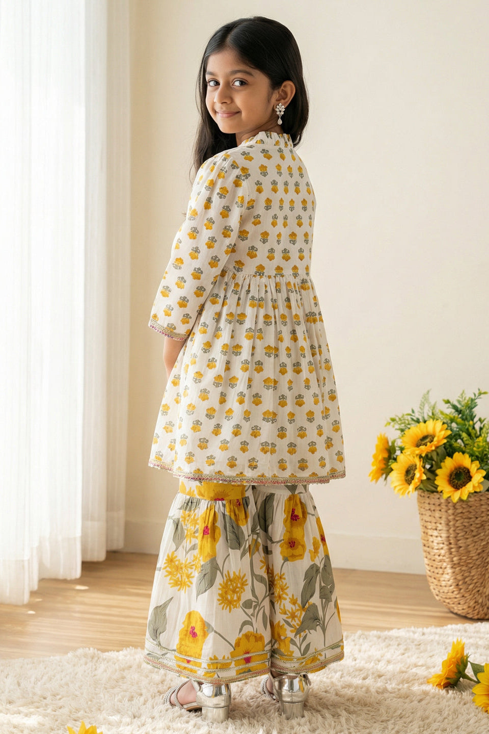Girls Cream & Yellow Peplum Style Cotton Kurti with Sharara