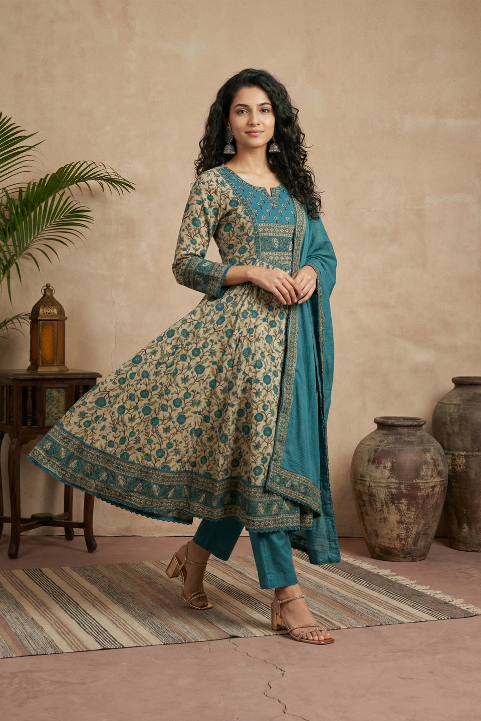 Woman in a teal and beige traditional outfit standing in a room with decorative elements.