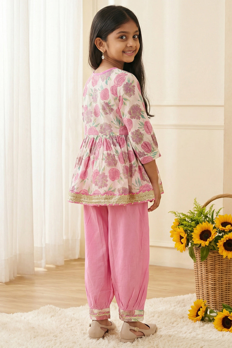 Girls Pink Rose Peplum Style Cotton Kurti with Salwar