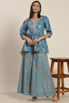 Blue Color Poly Slub Digital Printed Peplum Top With A Kali Palazzo Co-Or Set