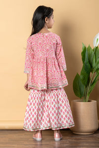 Girls Pink Frock Style Cotton Kurti with Sharara