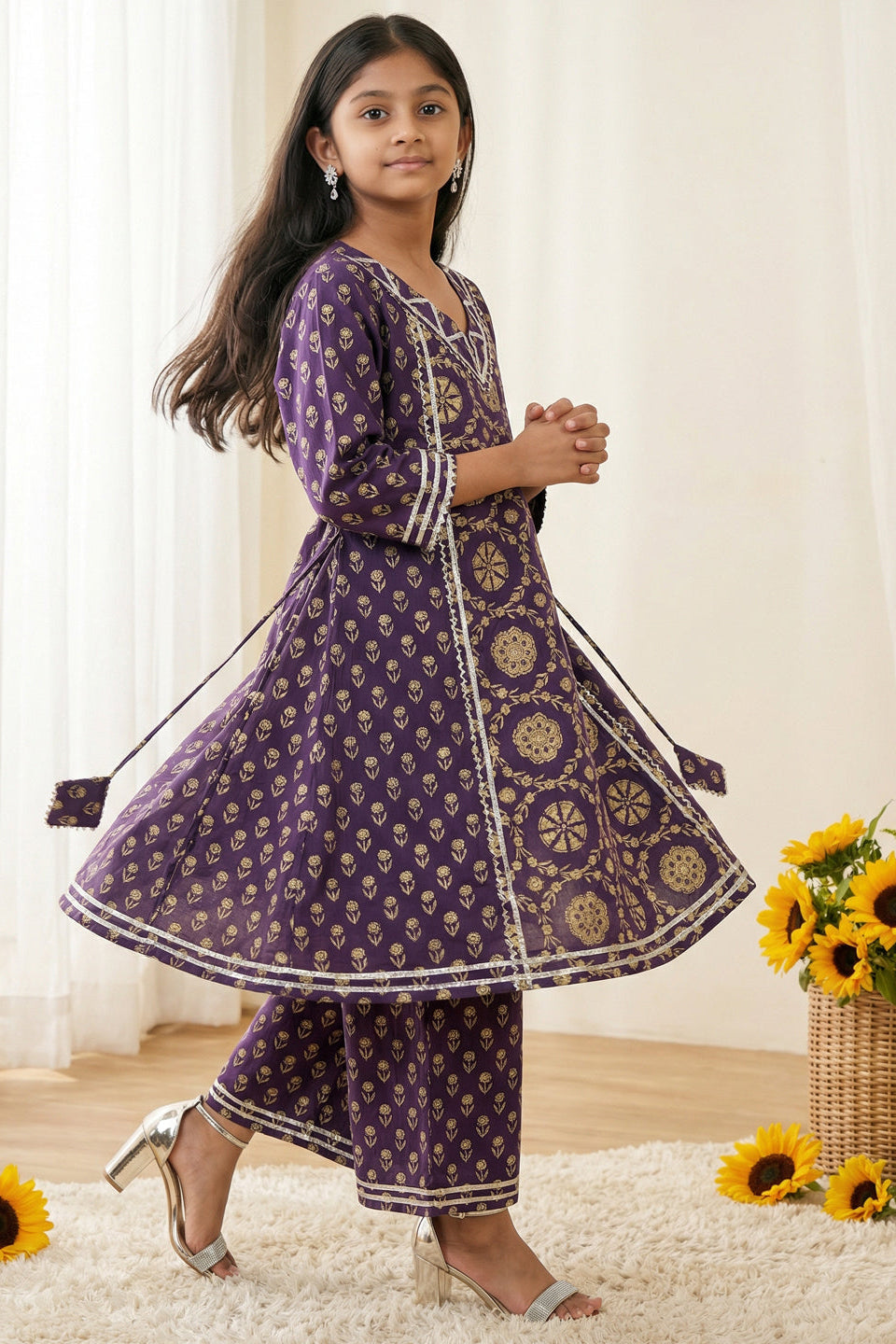 Girls Purple A-Line Style Cotton Kurti with Palazzo