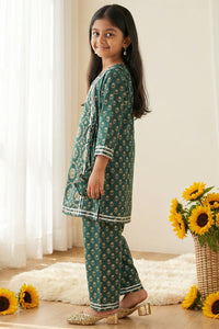 Girls Green A-Line Style Cotton Kurti with Palazzo