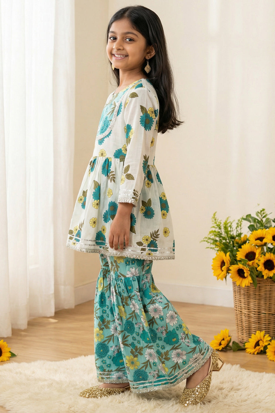 Girls Blue Peplum Style Floral Cotton Kurti with Sharara