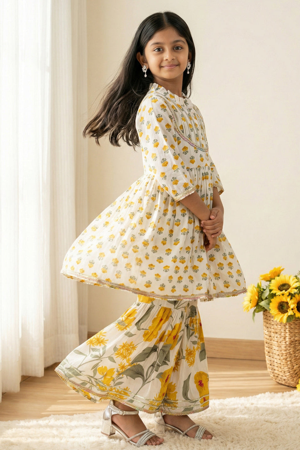 Girls Cream & Yellow Peplum Style Cotton Kurti with Sharara
