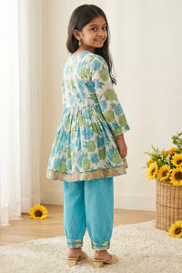 Girls Blue Rose Peplum Style Cotton Kurti with Salwar