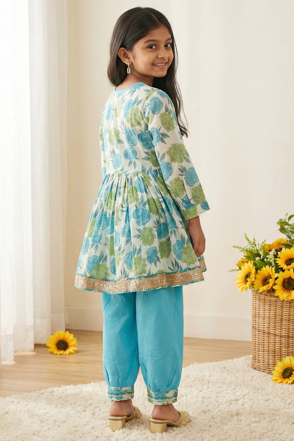 Girls Blue Rose Peplum Style Cotton Kurti with Salwar