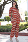 Brown Cotton Dabu Printed Lace Embellished Loungewear