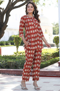 Brown Cotton Dabu Printed Lace Embellished Loungewear