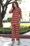 Brown Cotton Dabu Printed Lace Embellished Loungewear