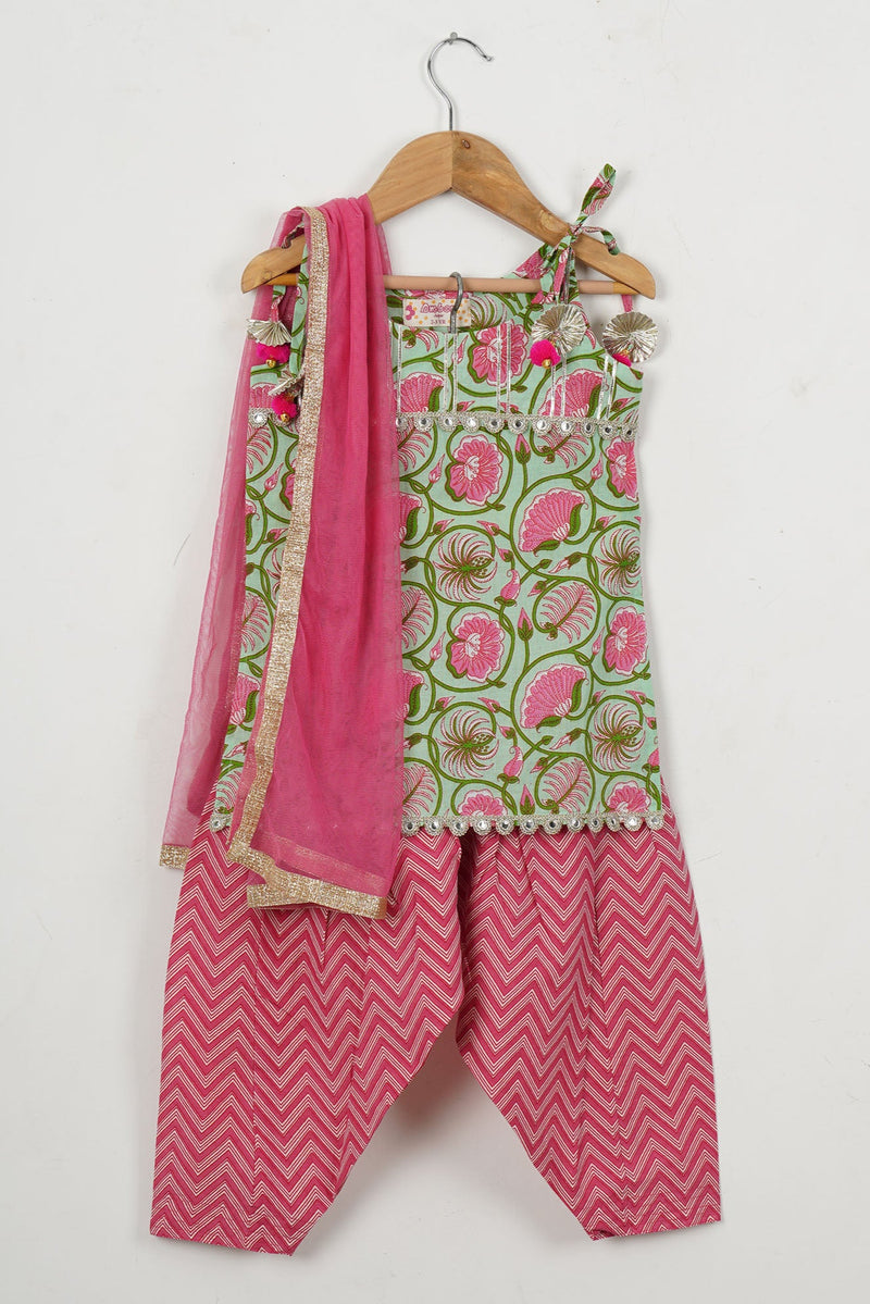 Green Floral Embroidered Kurti with Maroon Afghani Salwar and Dupatta