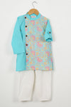 Boys Sky Blue Floral Side Button Kurta With Off White Pajama