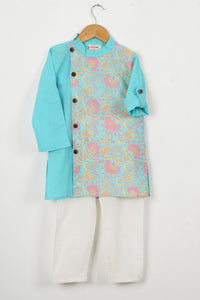 Boys Sky Blue Floral Side Button Kurta With Off White Pajama