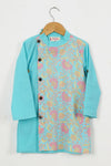 Boys Sky Blue Floral Side Button Kurta With Off White Pajama