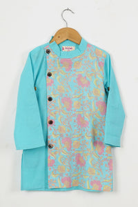 Boys Sky Blue Floral Side Button Kurta With Off White Pajama