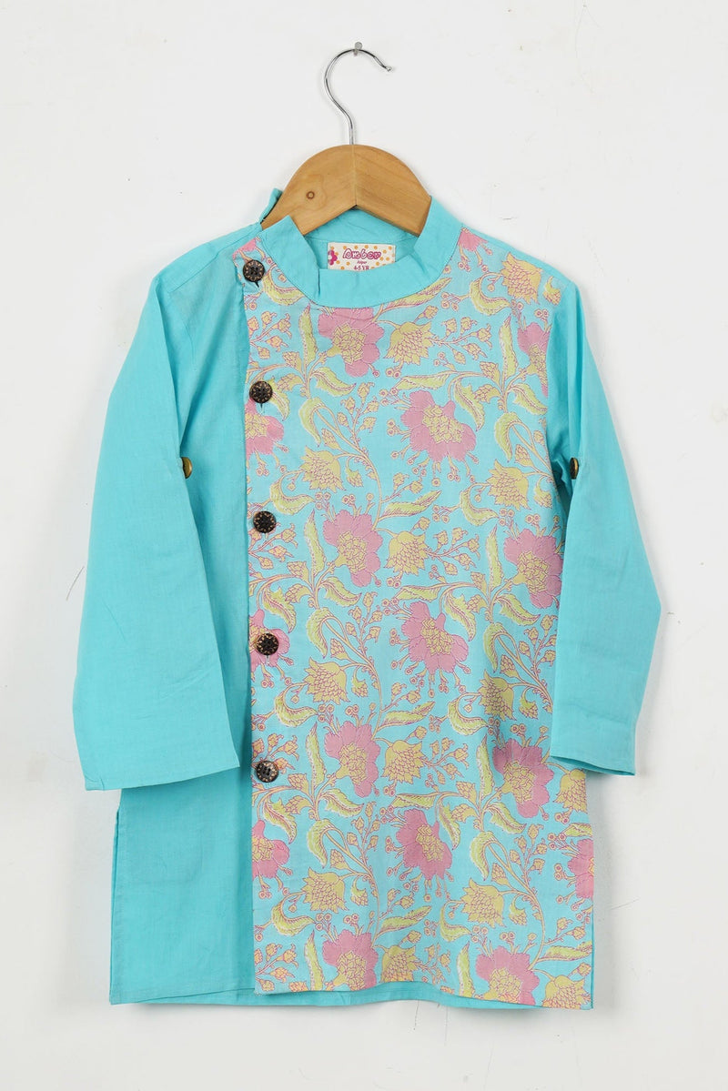 Boys Sky Blue Floral Side Button Kurta With Off White Pajama