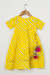 Girls Yellow Leheriya Ankle Length Ethnic Gota Dress With Pom Pom
