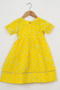Girls Yellow Leheriya Ankle Length Ethnic Gota Dress With Pom Pom