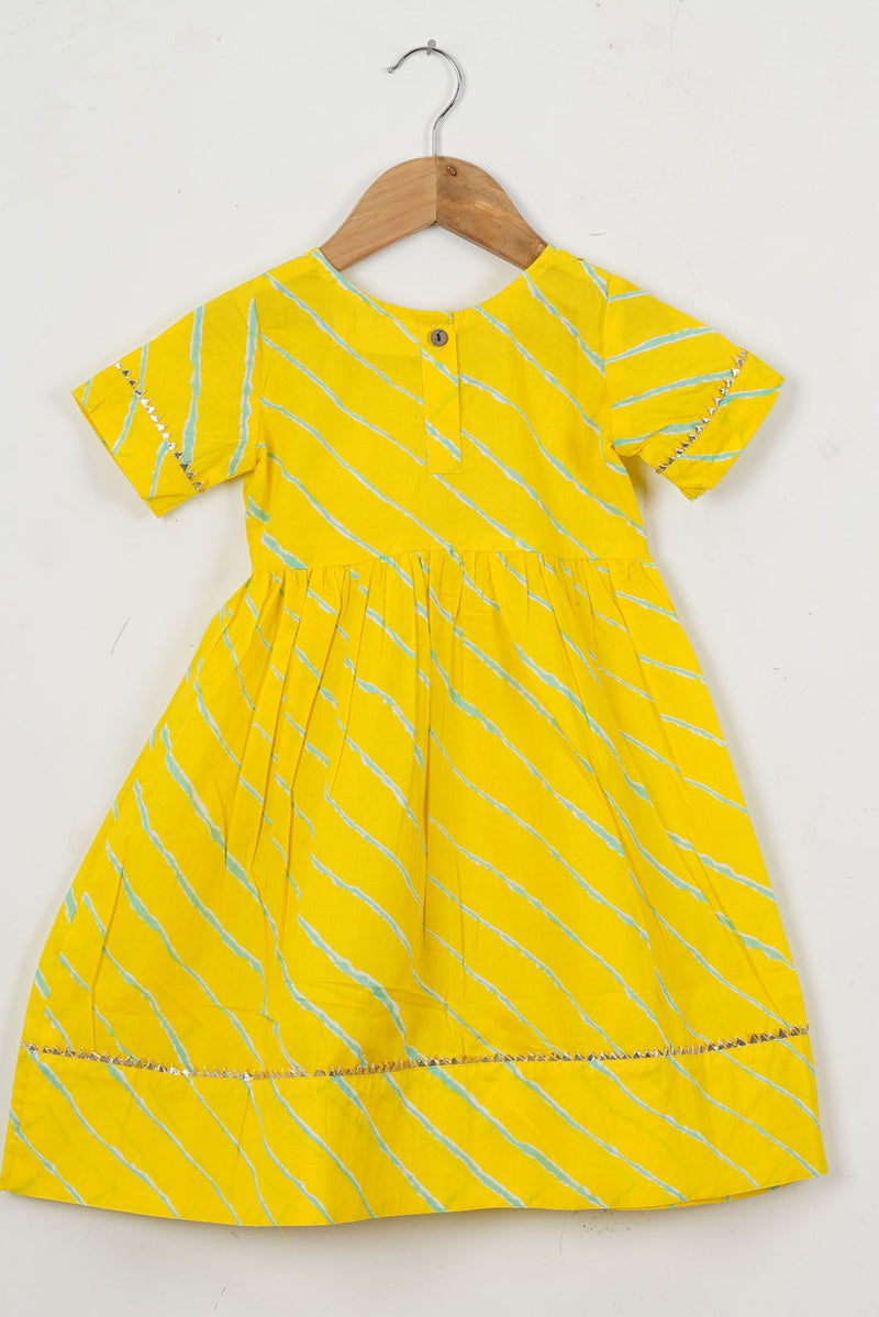 Girls Yellow Leheriya Ankle Length Ethnic Gota Dress With Pom Pom
