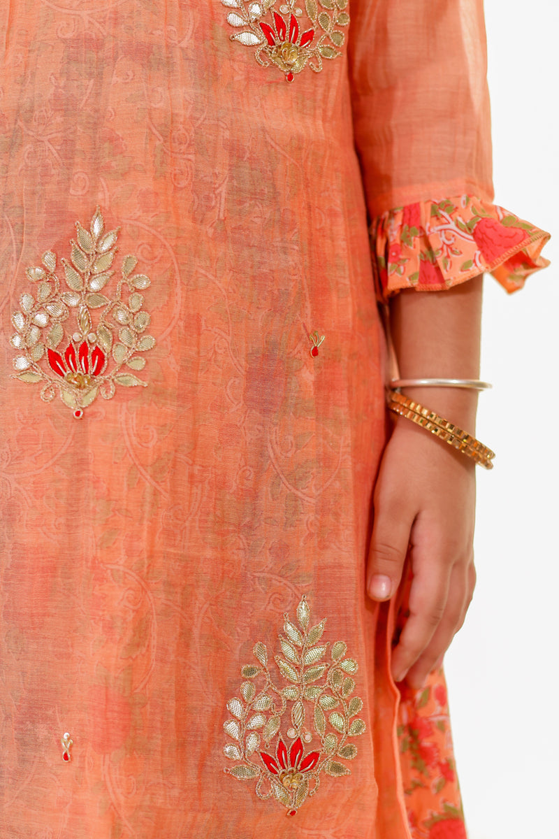Girls Pastel Orange Chanderi Kurti with Gota Patti Handwork with Inner Printed Cotton Dress