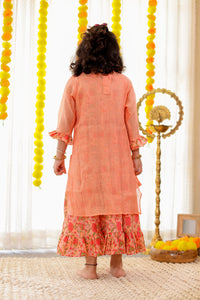 Girls Pastel Orange Chanderi Kurti with Gota Patti Handwork with Inner Printed Cotton Dress