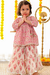 Girls Pink Floral Angrakha Kurti with Pink Floral Sharara