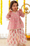 Girls Pink Floral Angrakha Kurti with Pink Floral Sharara