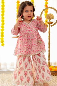 Girls Pink Floral Angrakha Kurti with Pink Floral Sharara