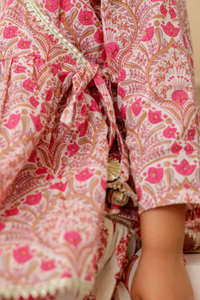 Girls Pink Floral Angrakha Kurti with Pink Floral Sharara