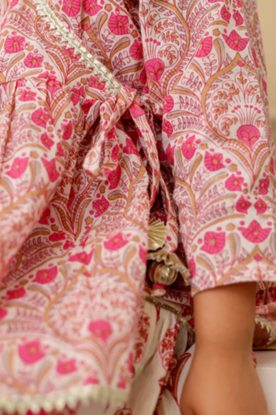 Girls Pink Floral Angrakha Kurti with Pink Floral Sharara