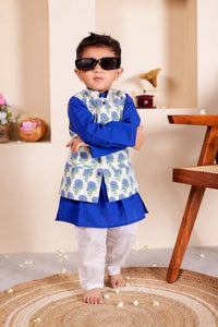 Boys Blue Floral Jacket With Blue Kurta And White Pajama
