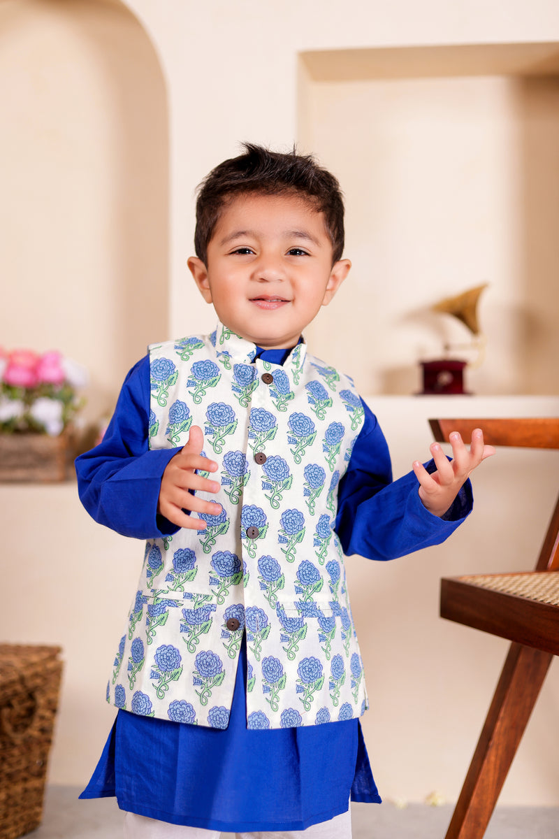 Boys Blue Floral Jacket With Blue Kurta And White Pajama