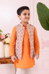 Boys Orange Grey Floral Print Jacket with Kurta and Pajama