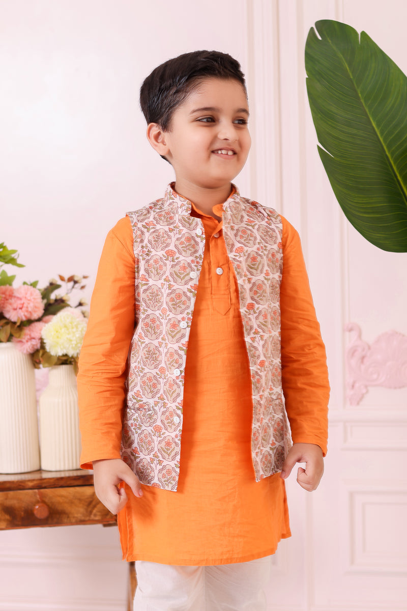 Boys Orange Grey Floral Print Jacket with Kurta and Pajama