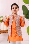 Boys Orange Grey Floral Print Jacket with Kurta and Pajama
