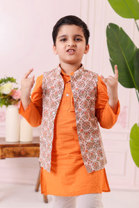 Boys Orange Grey Floral Print Jacket with Kurta and Pajama